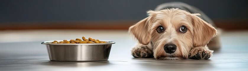 Small dog rests patiently, eyes locked on the food bowl, waiting quietly for its meal, pet anticipation, emphasizing longing and self-control
