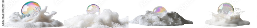 Poster A colorful soap foam and colorful bubbles isolated on white, with a clipping path