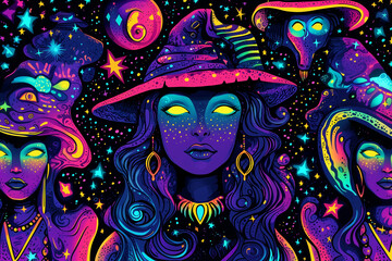 Abstract mystical card or banner with glowing neon silhouettes of a witch, creatures, stars, moon 