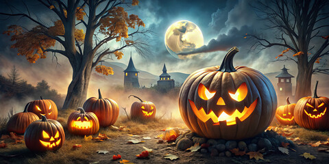 A spooky Halloween night is illuminated by a full moon, casting light over a pumpkin patch filled with carved jack-o'-lanterns and autumn leaves scattered on the ground
