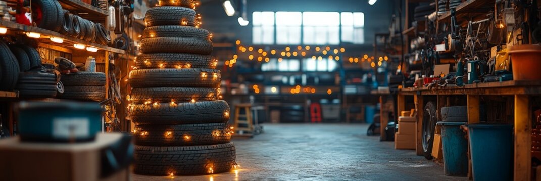 A stack of tires arranged in a Christmas tree shape, decorated with glowing holiday lights, set in a cozy garage environment.