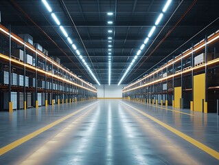 Obraz premium Empty warehouse with bright fluorescent lighting and yellow lines on the floor.