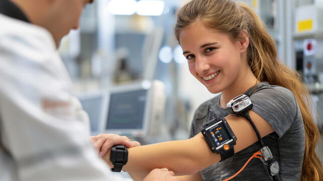 A smiling woman in a lab is testing wearable devices on her arm, symbolizing technology and health innovation.