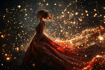 Naklejka premium A woman in a flowing red dress against a glowing holiday ball background