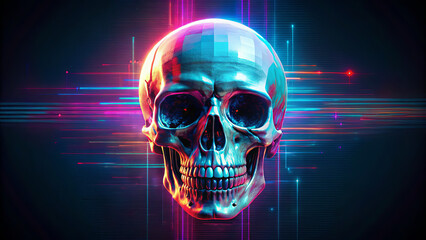 A vibrant skull rendered in metallic colors surrounded by bright, dynamic lines and abstract patterns, creating a futuristic atmosphere