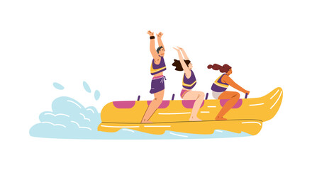 Friends ride on an inflatable banana boat. © Kudryavtsev