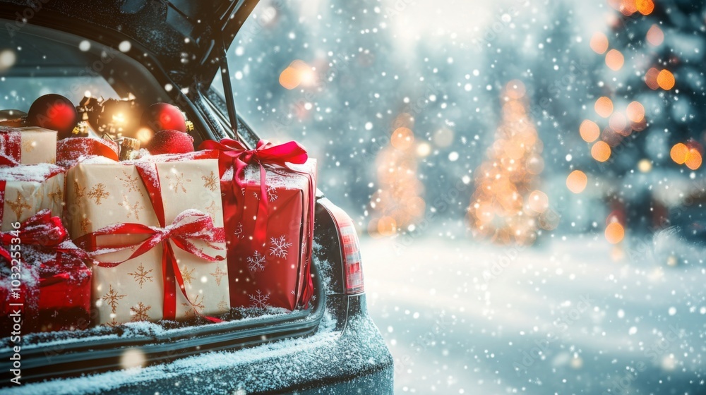 Poster a car trunk is open, revealing beautifully wrapped holiday gifts in a snowy setting. evergreen trees