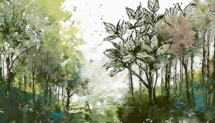 Oil Paint illustration natural forest landscape evokes a peaceful and harmonious feeling, perfect for those seeking connection with the environment