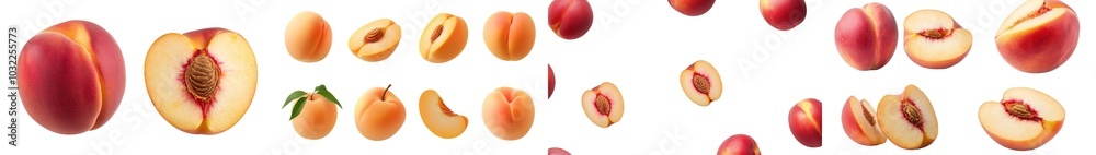 Poster The collection of sliced peaches on a transparent background is an isolated set.