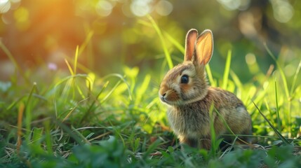 Cute little bunny sitting in green grass under bright sunlight looking away in a spring setting