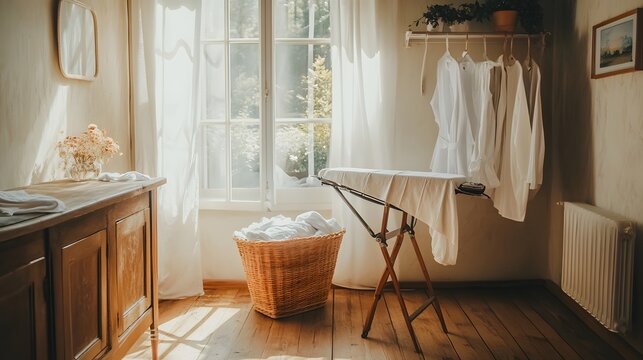 Cozy Rustic Bedroom with Laundry Drying on Rack by Sunlit Window