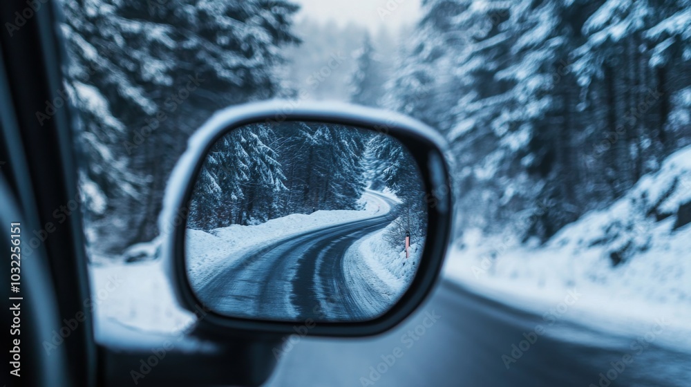 Poster A view of a winding road surrounded by snowy trees is reflected in a car's side mirror, showcasing the winter landscape. The serene environment highlights the beauty of a snowy day.