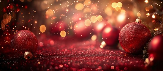 Red Christmas baubles and sparkling lights create a festive, magical holiday atmosphere background.