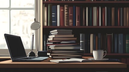 Cozy Workstation with Laptop and Books in Home Library Environment
