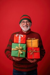 Fototapeta premium Happy senior man with gift box in holiday season.