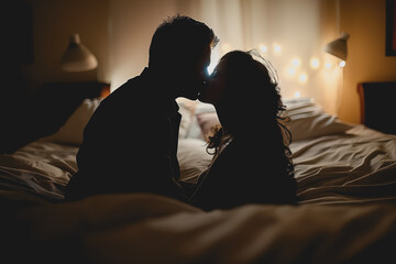 Romantic dim light bed scene, husband and wife kissing passionately.