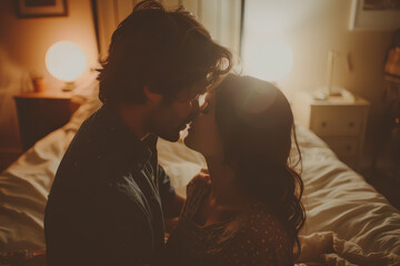 Fototapeta premium Romantic dim light bed scene, husband and wife kissing passionately.