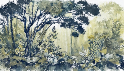 Oil Paint illustration natural forest landscape evokes a peaceful and harmonious feeling, perfect for those seeking connection with the environment