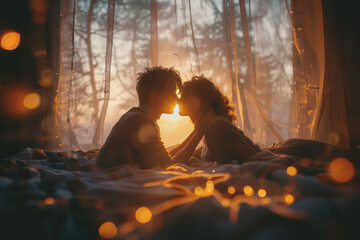 Romantic dim light bed scene, husband and wife kissing passionately.