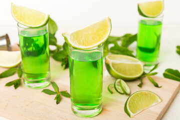 Sweet refreshing mint liqueur, with ice and mint leaves on table background, Shots with lime slice and mint flat lay