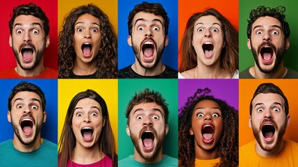 A dynamic collage of men and women, each expressing surprise with wide smiles, on a variety of vivid colored backgrounds, isolated in a 16:9 aspect ratio