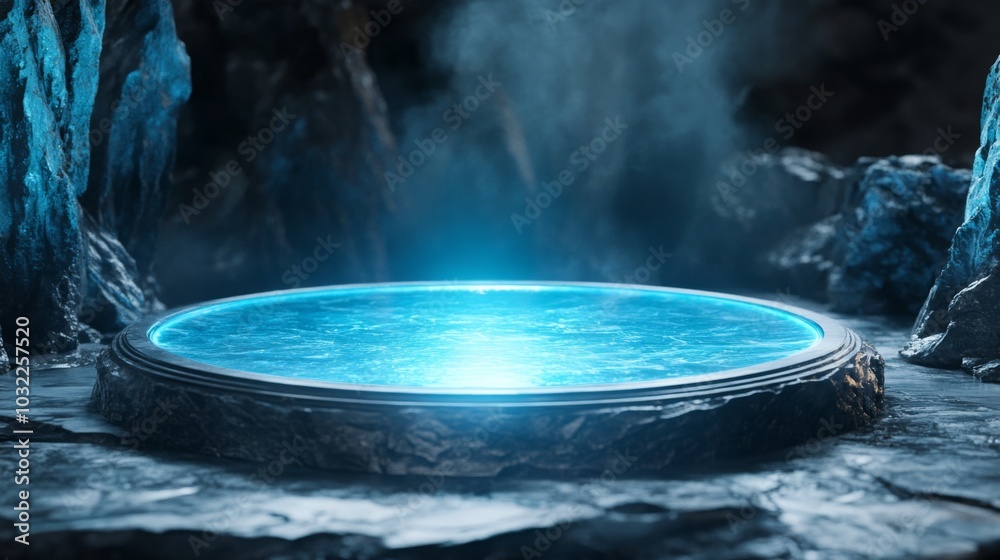 Aufkleber The glowing portal emits a bright blue light, creating an enchanting focal point in the dark cave. Surrounding rocky formations enhance the mystical atmosphere, with soft mist swirling around.