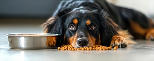 Fototapeta premium Young dog lying patiently in front of its food bowl, eyes fixed on the kibble, waiting for the moment to eat, dog anticipation, moment of hope and self-restraint