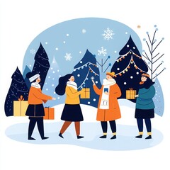Four friends celebrate winter festivities with gifts in a snowy landscape decorated with trees and holiday lights.