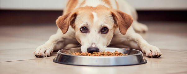 Young dog lying patiently in front of its food bowl, eyes fixed on the kibble, waiting for the moment to eat, dog anticipation, moment of hope and self-restraint