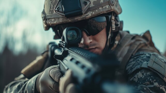 A soldier in tactical gear aims his rifle with precision and focus, ready for a mission under the clear sky.