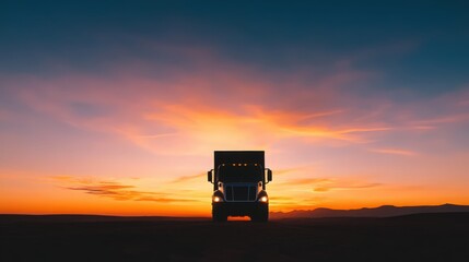 truck with its lights on is driving along the road. The background image is the sky in red and yellow from the setting sun. Contour image.