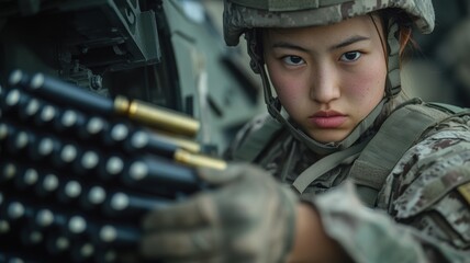 Fototapeta premium A determined female soldier in tactical gear operates a heavy machine gun, showcasing focus and readiness during a military mission.