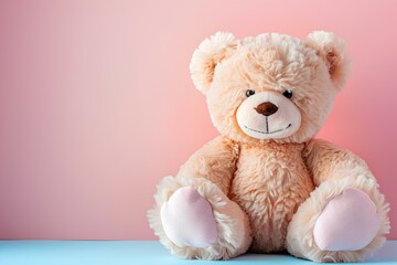 Fototapeta premium A brown teddy bear sitting in front of a pink wall