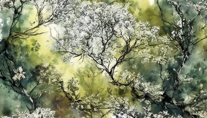 Oil Paint illustration natural forest landscape evokes a peaceful and harmonious feeling, perfect for those seeking connection with the environment