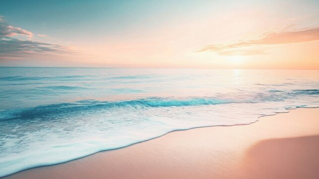A serene beach with gentle waves rolling onto the shore under a soft pastel sky.