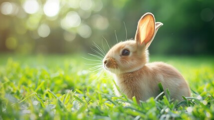 Fototapeta premium Cute little bunny sitting in green grass under bright sunlight looking away in a spring setting
