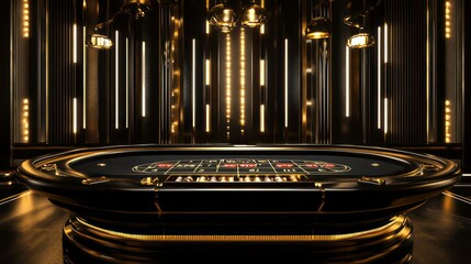 A roulette table in a luxurious casino setting with gold and black accents.
