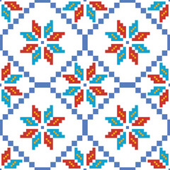 Cross Stitch,embroidery seamless.Geometric pixel ethnic patterns. American, Mexican,African, mediterranean, nordic,Aztec style. Trendy folk art background design for products, fabric, print,decorate.