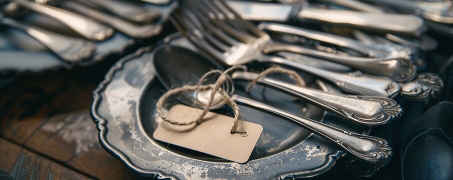 Elegant vintage silverware arranged neatly beside an empty tag for labeling.