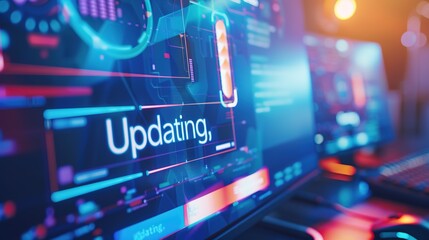 Fototapeta premium Close-Up of Computer Screen with Updating Progress Bar and Faint Keyboard and Mouse, Depicting Modern Technology and Digital Transformation