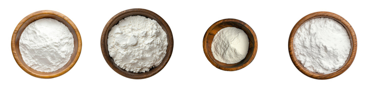 Isolated on a white background, white powder in a wooden bowl.
