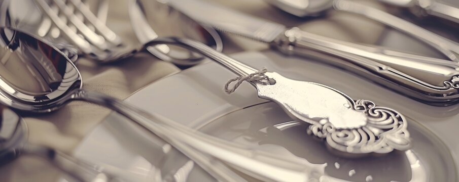 Close-up of ornate vintage silver utensils with a blank tag attached.