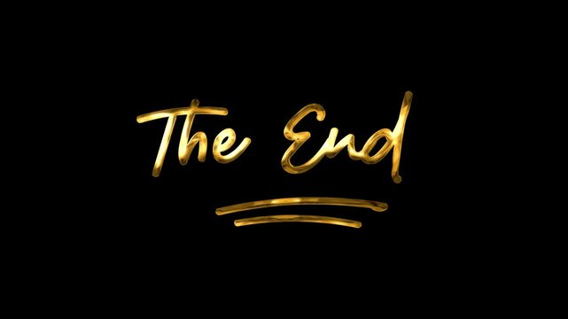 The end animation. The text is handwritten in modern calligraphy with ink drops in gold. Animated is suitable for logos, posters, cinema, flogs, movies, videos, and banners. Alpha channel 4k