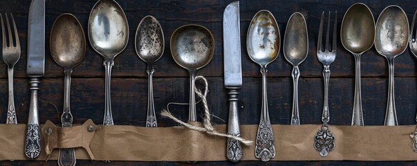 Vintage silverware set displayed with an empty tag for personalization.