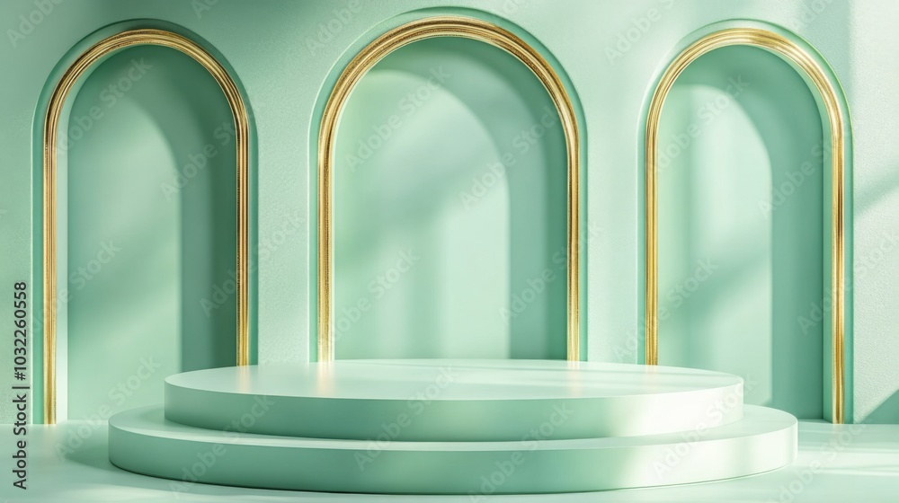 Poster A contemporary setup features a circular elevated platform surrounded by three elegantly shaped green arches. The soft lighting emphasizes the minimalist design, creating a serene atmosphere.