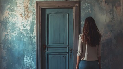 Fototapeta premium Disheartened Person Stands Before a Closed Door Key in Hand