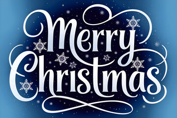 A festive greeting featuring "Merry Christmas" in elegant typography, adorned with snowflakes against a blue background.