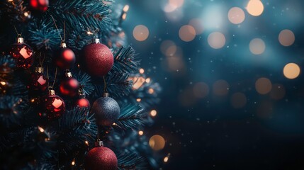 Close-up of a decorated Christmas tree with red and silver ornaments, with a blurred background of lights and snow.