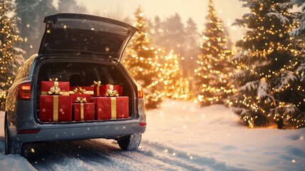 A car parked on a snowy path reveals a trunk filled with beautifully wrapped gifts. Sparkling Christmas trees create a warm glow in the background, embodying the holiday spirit.