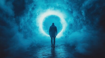 Silhouette of a man standing before a luminous blue ring in a foggy environment
